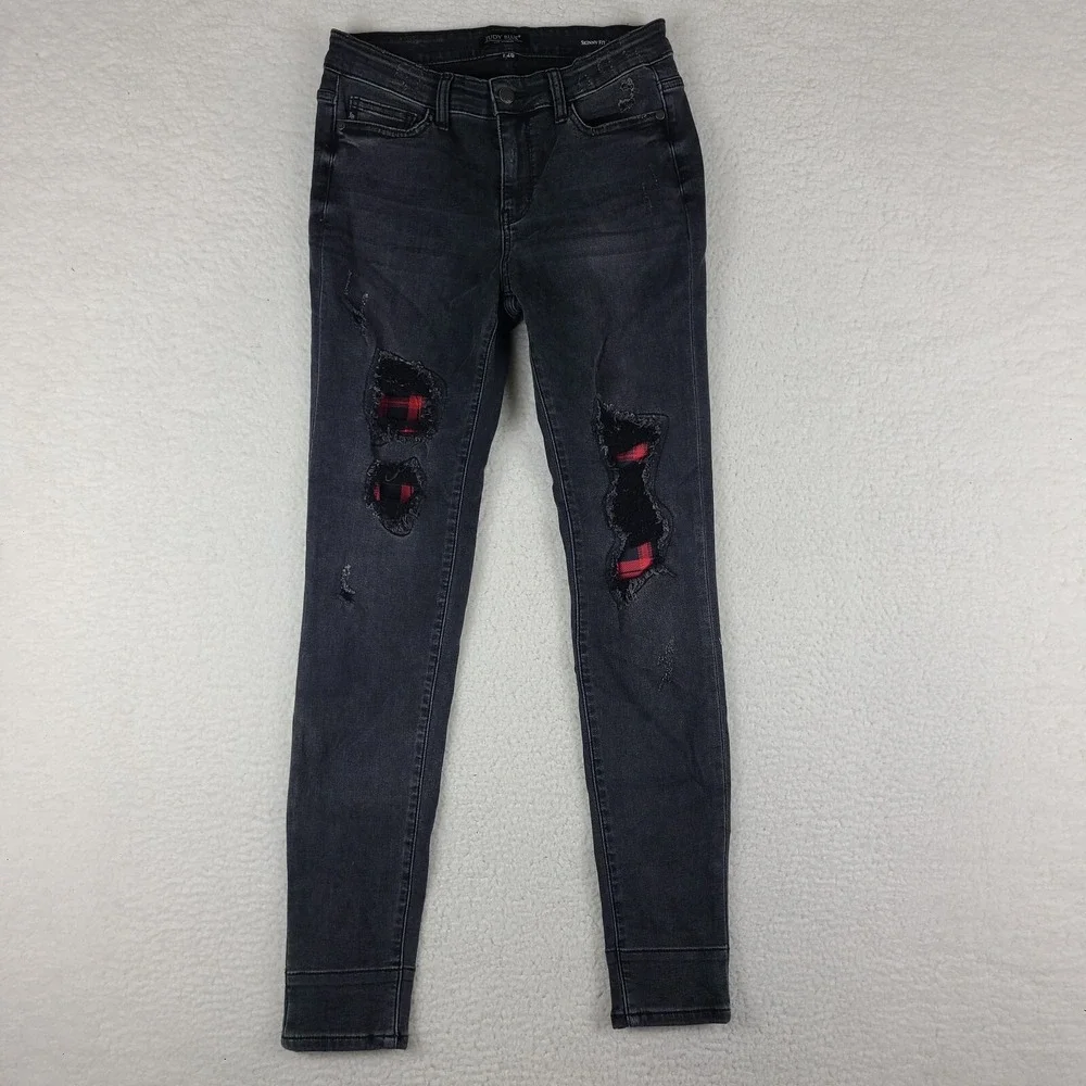 Judy Blue Jeans Womens 7/28 Skinny Fit Distress Buffalo‎ Plaid Dark Gray Wash